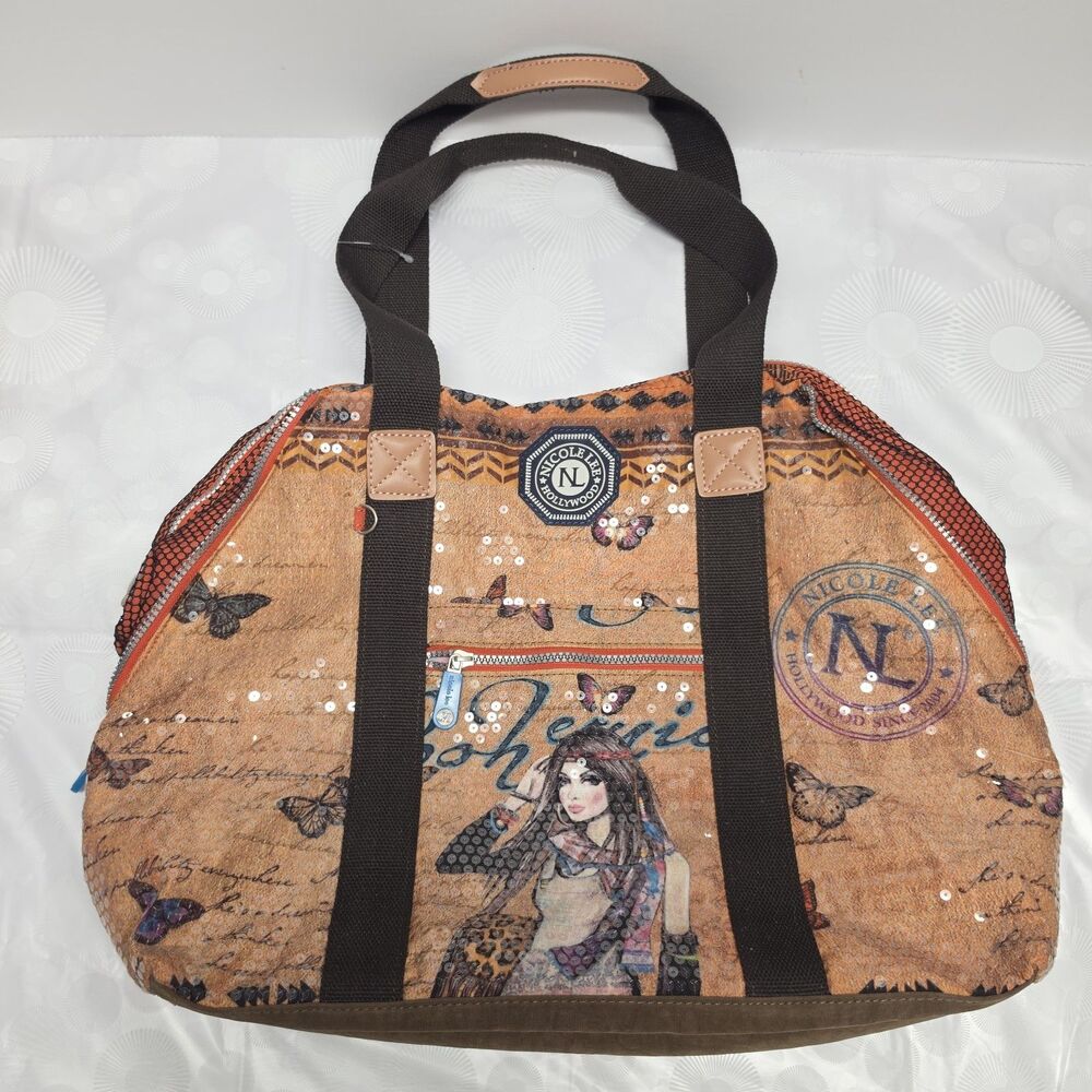 Nicole Lee Sequined Tote Bag Wearable Art Hippie Girl With Butterflies Tan Brown